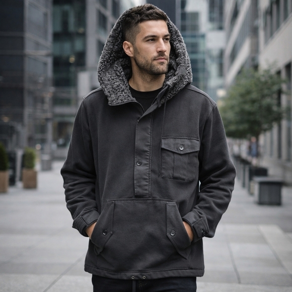 Y-3 by Yohji Yamamoto Faded Black Cotton Pullover Parka Sherpa Fleece - Picture 1 of 10